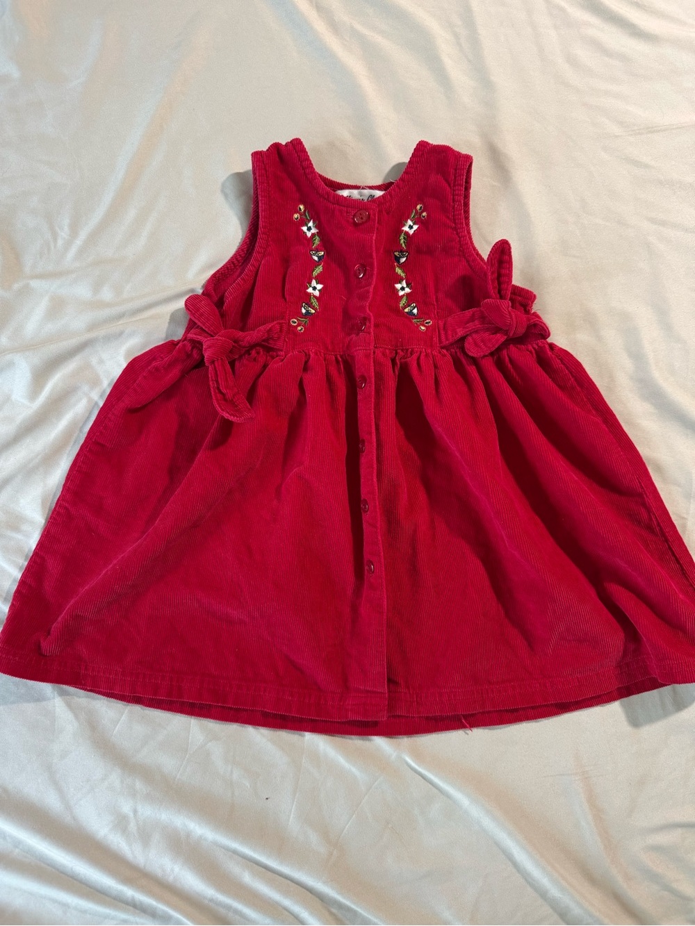 Girls Red Corduroy Dress with floral Embroidery